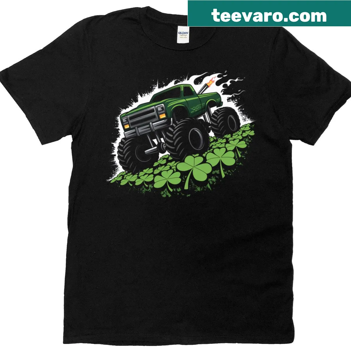 Cartoon monster truck design with shamrocks for St. Patrick's Day — on a men's t-shirt