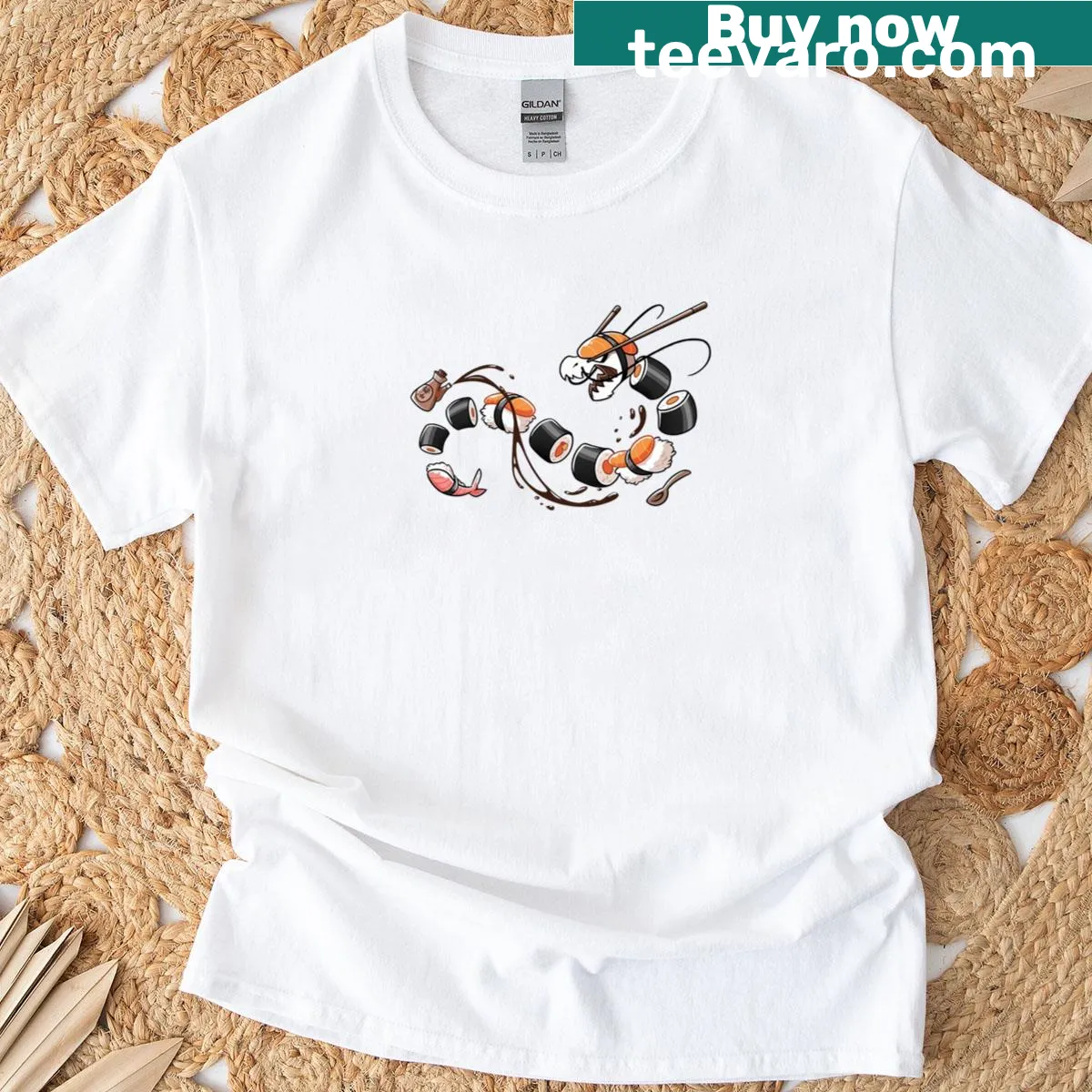 Playful sushi-themed t-shirt featuring a serpent and sushi rolls — on a men's t-shirt