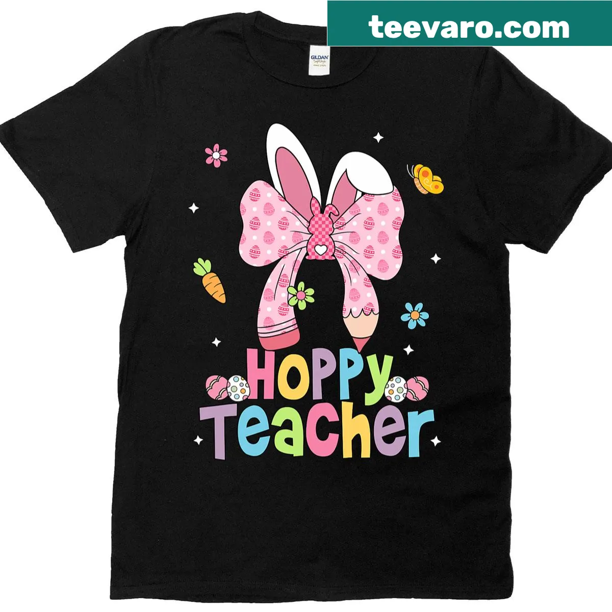 Cute teacher bunny T-shirt with pencil and Easter design — on a men's t-shirt