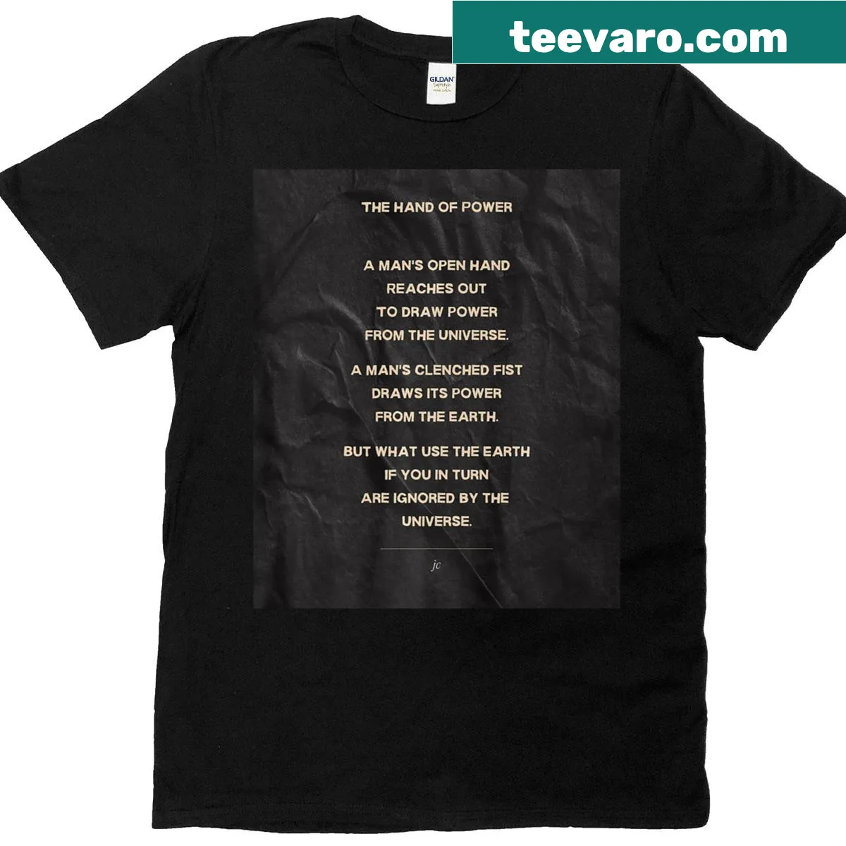 Graphic t-shirt featuring a hand symbolizing power and strength — on a men's t-shirt