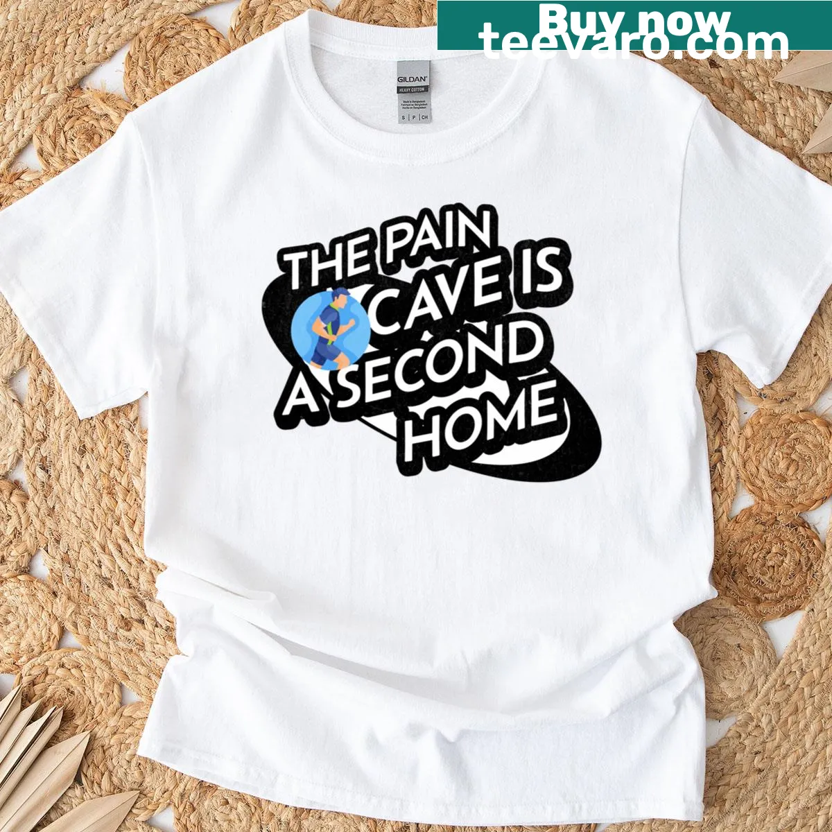 Motivational runner t-shirt with 'The Pain Cave Is A Second Home' text — on a men's t-shirt