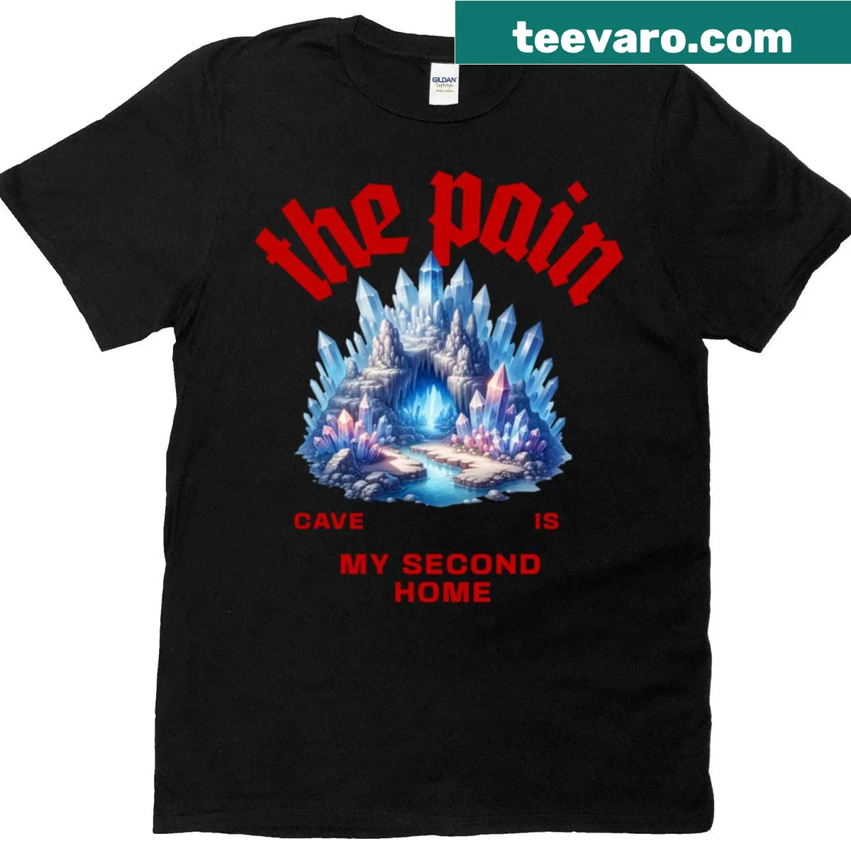Motivational fitness T-shirt with 'The Pain Cave Is My Second Home' text — on a men's t-shirt