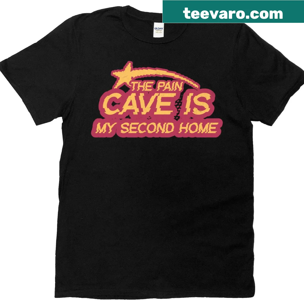 Pixel design t-shirt with 'The Pain Cave Is My Second Home' text — on a men's t-shirt