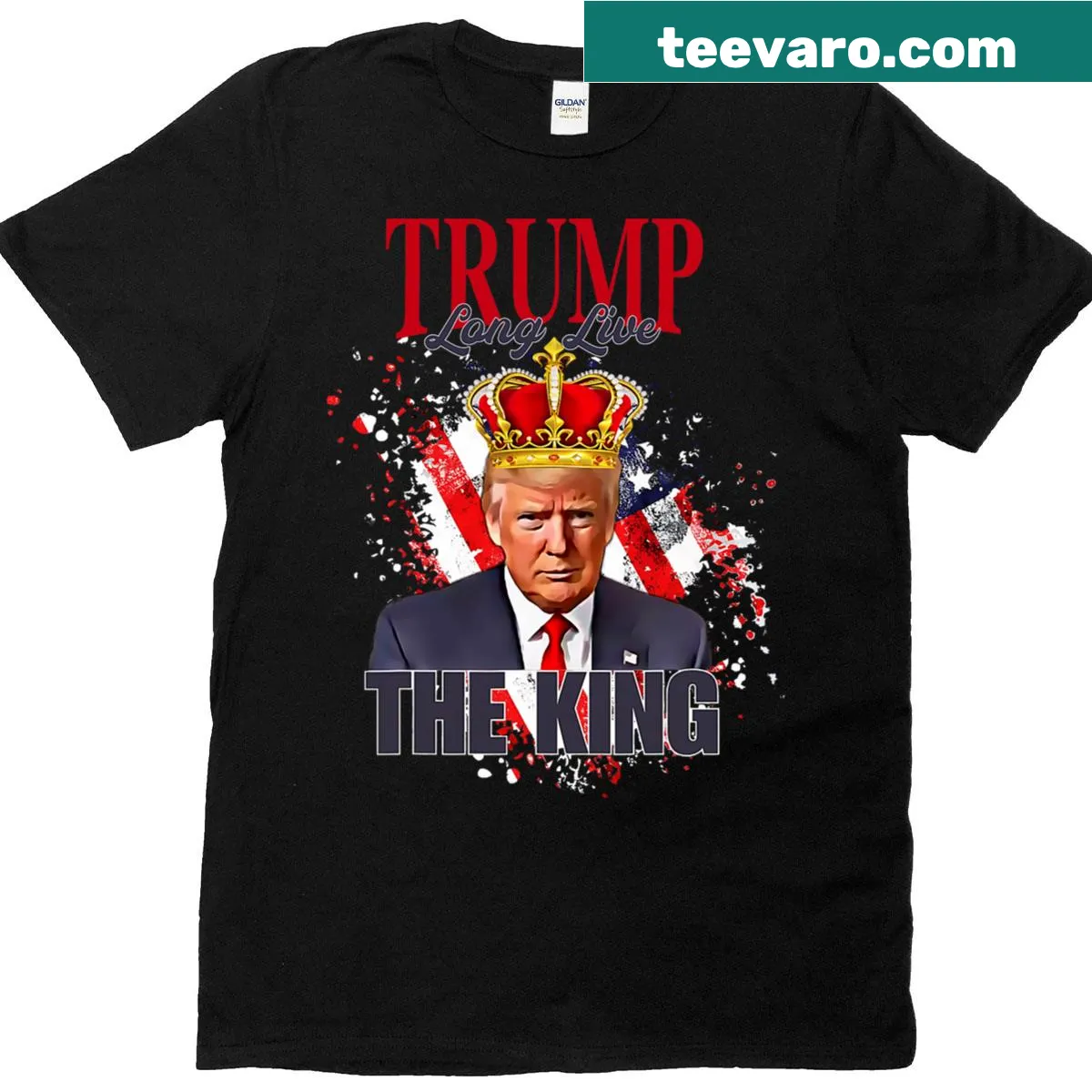 Patriotic T-shirt with 'Trump Long Live The King' and USA flag — on a men's t-shirt