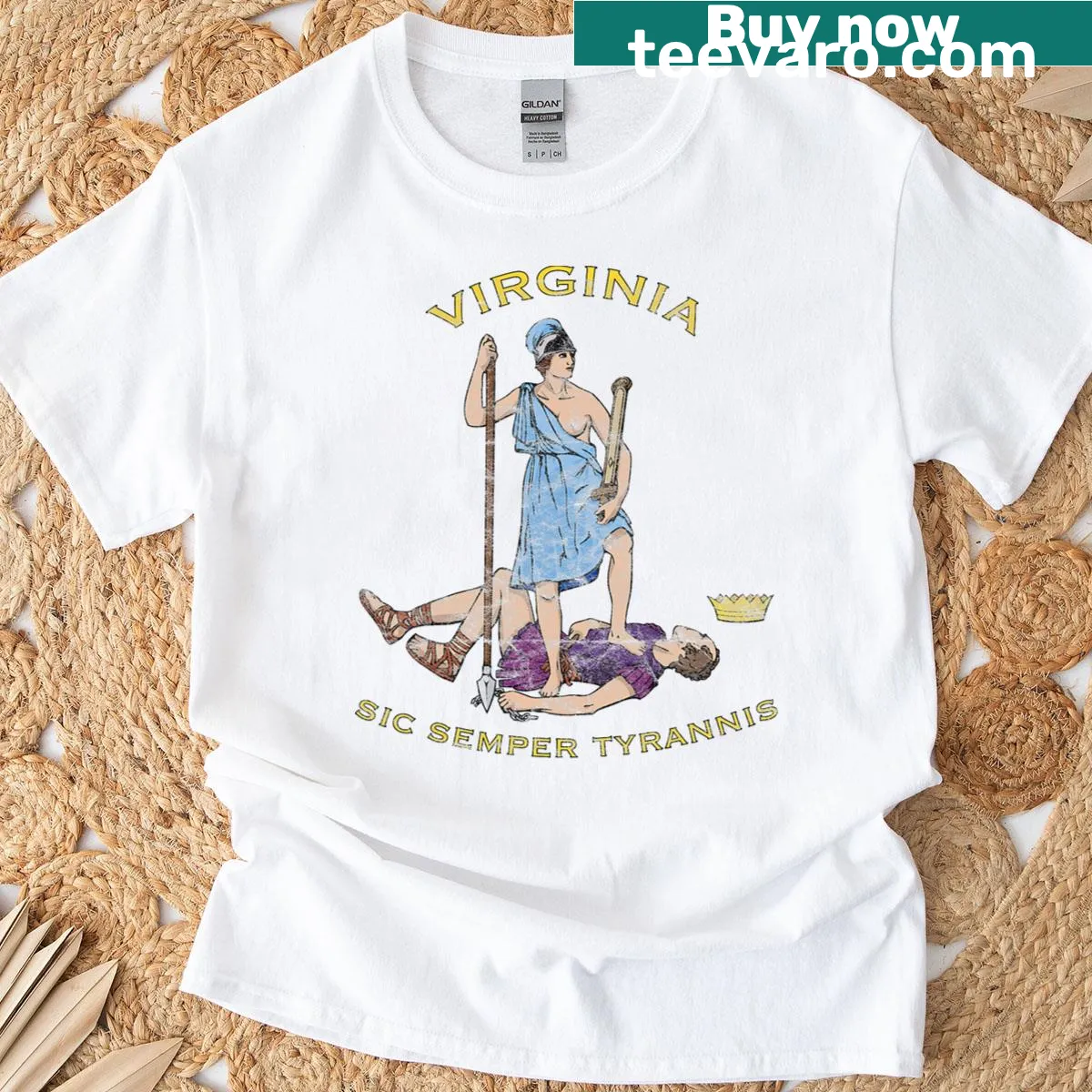 Virginia motto 'Sic Semper Tyrannis' printed T-shirt design — on a men's t-shirt