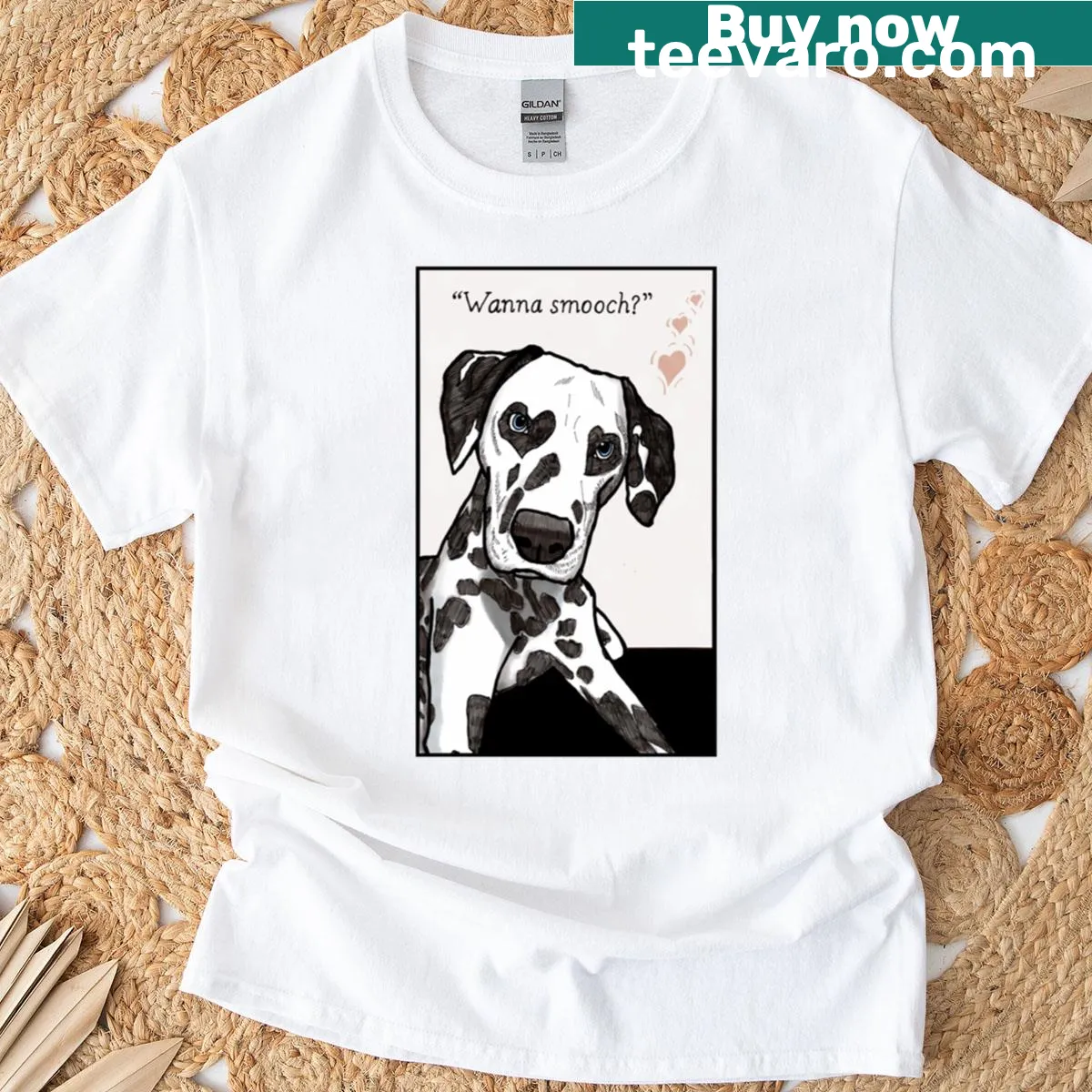 Dalmatian illustration with 'Wanna Smooch' text on T-shirt — on a men's t-shirt