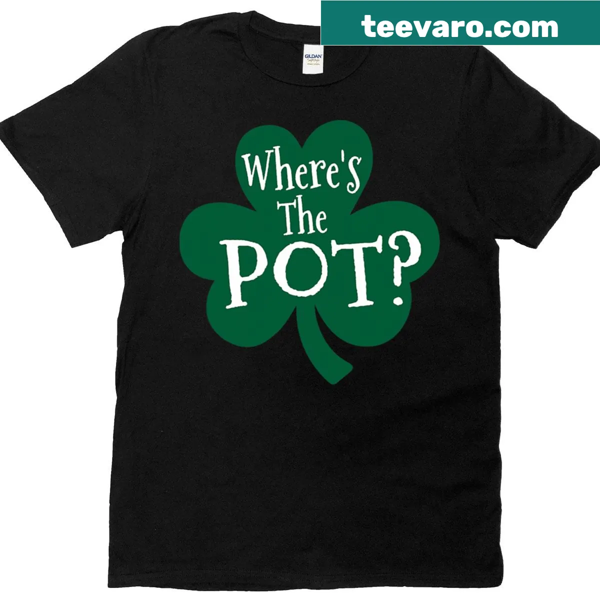 Funny St. Patrick's Day shirt with shamrock and text about pot of gold — on a men's t-shirt