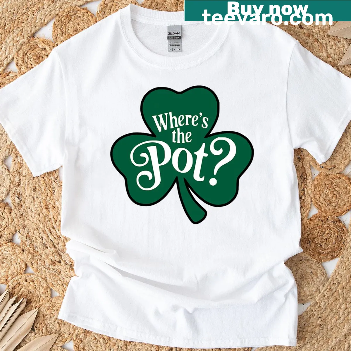 Funny St. Patrick's Day t-shirt with shamrock and pot of gold — on a men's t-shirt