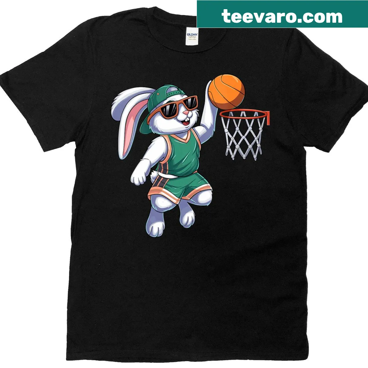 Cute bunny basketball graphic on a women's V-neck t-shirt — on a men's t-shirt