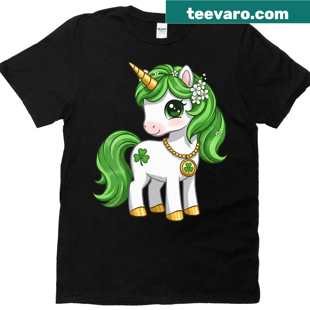 V-neck T-shirt with a cute unicorn and shamrocks for St. Patrick's Day — on a men's t-shirt