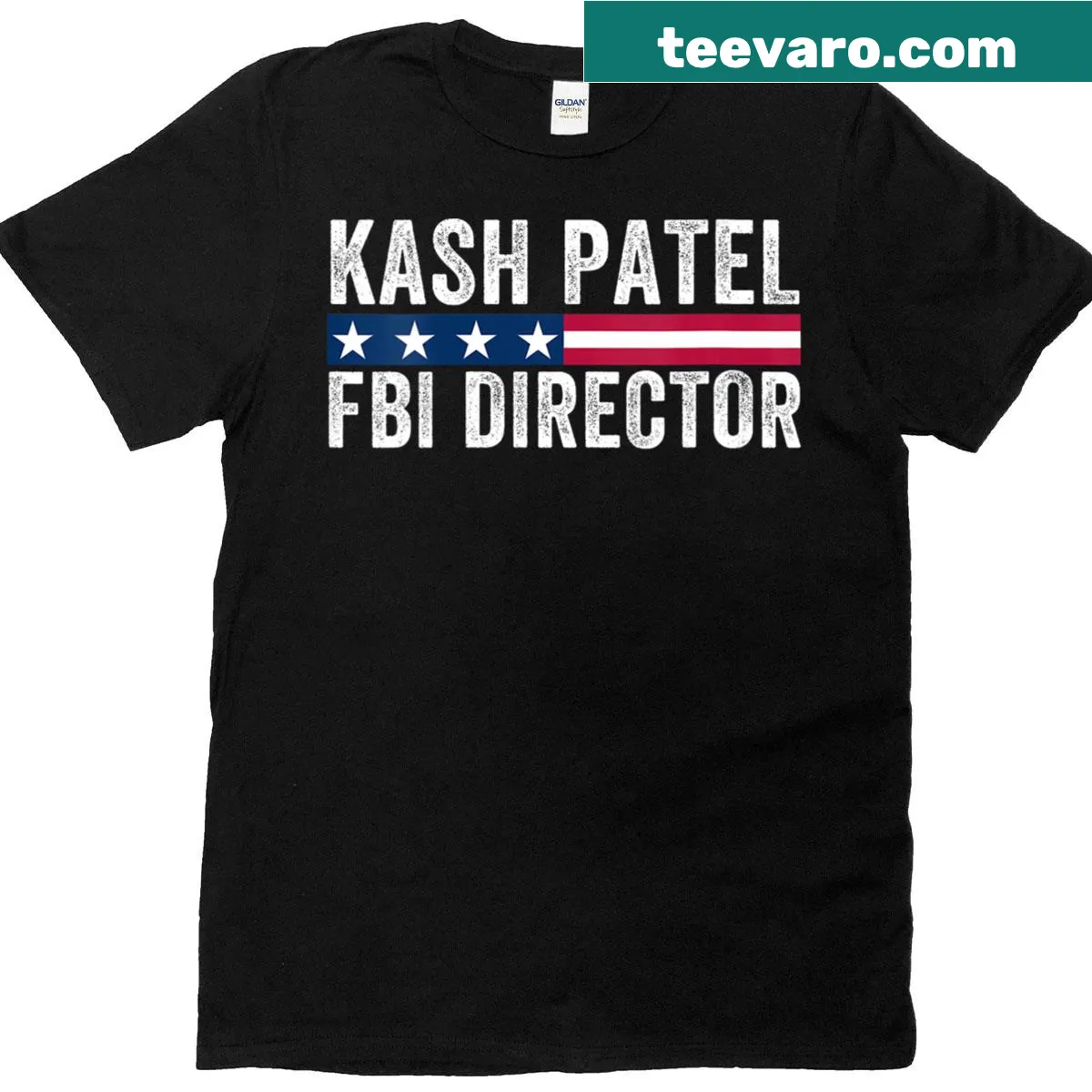 Patriotic V-neck shirt with American flag and Kash Patel — on a men's t-shirt