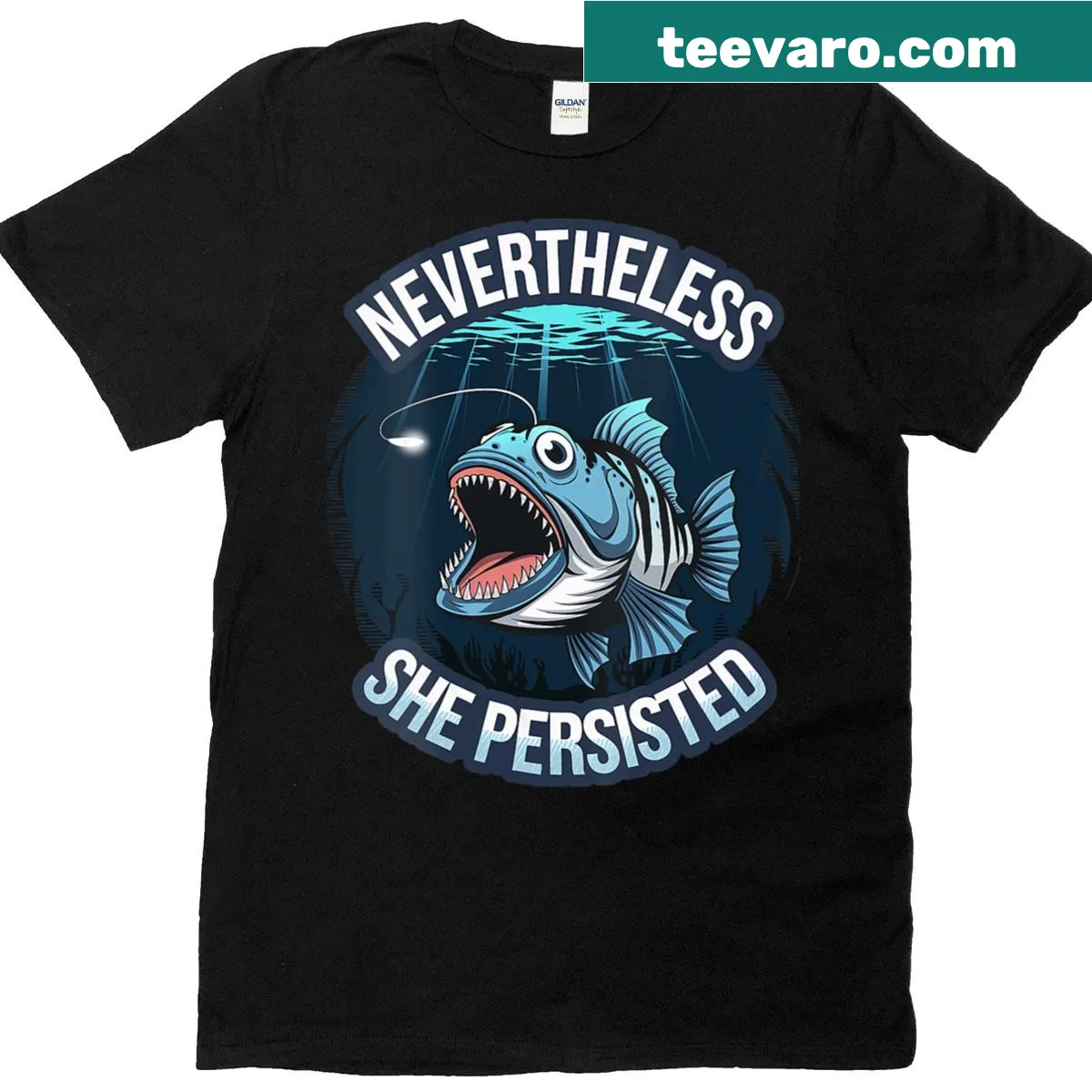 V-neck t-shirt with the phrase 'Nevertheless She Persisted' and an anglerfish graphic — on a men's t-shirt