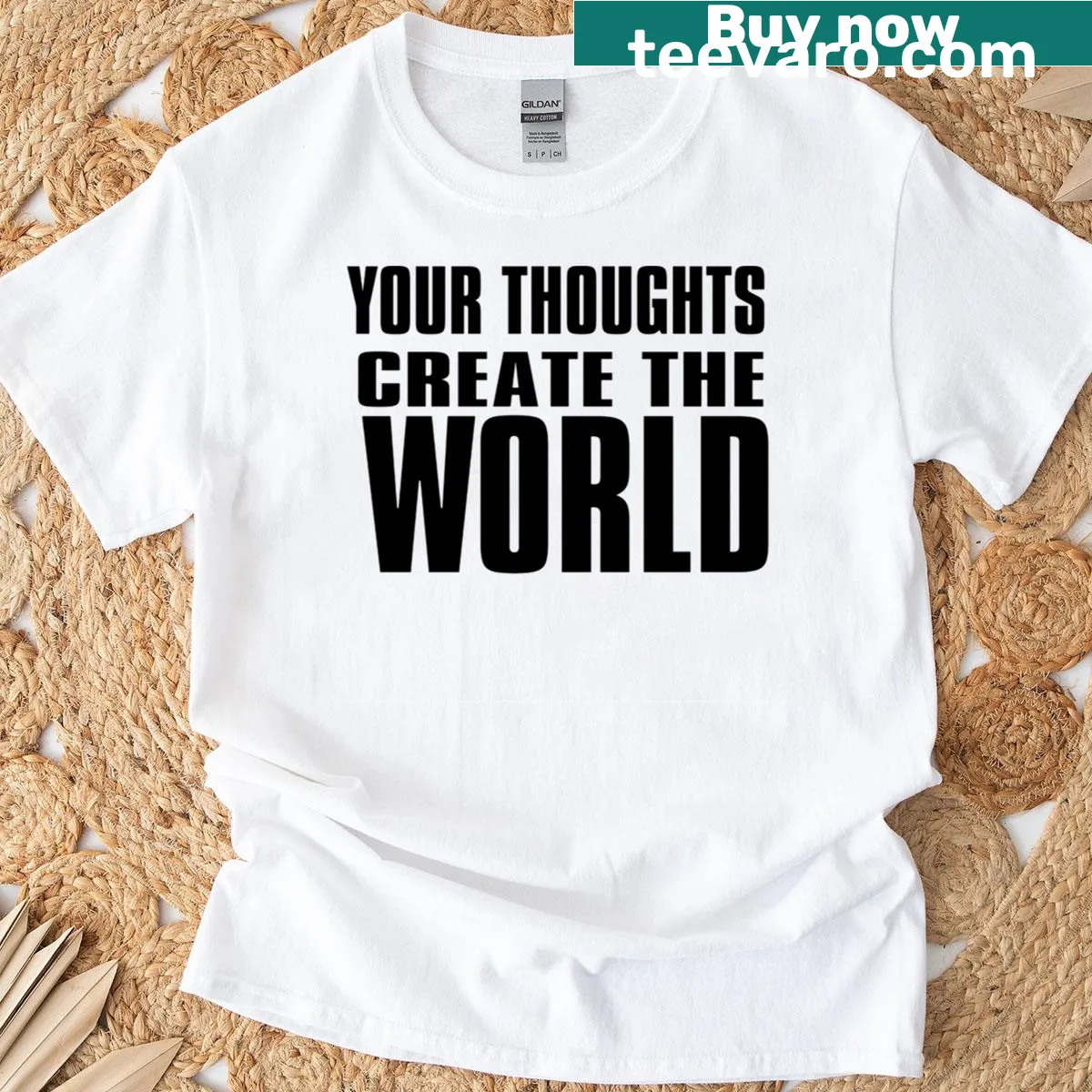Inspirational phrase 'Your Thoughts Create The World' on a T-shirt — on a men's t-shirt