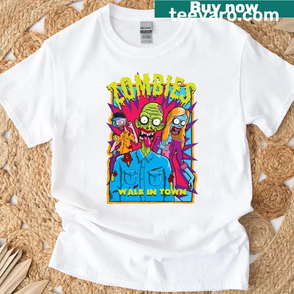 Illustration of zombies walking in town on T-shirt
