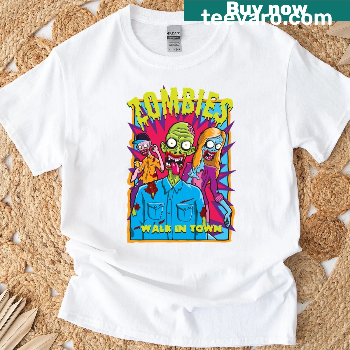Illustration of zombies walking in town on T-shirt — on a men's t-shirt