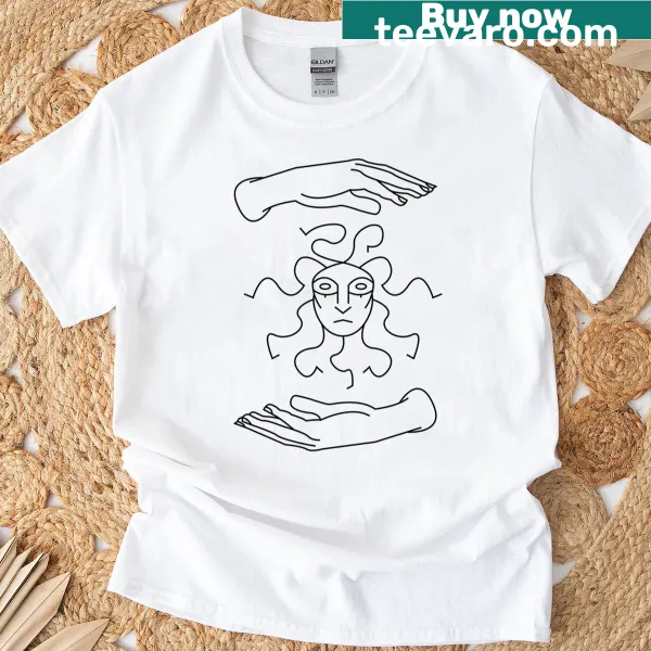 Line art t-shirt depicting a solar face between hands