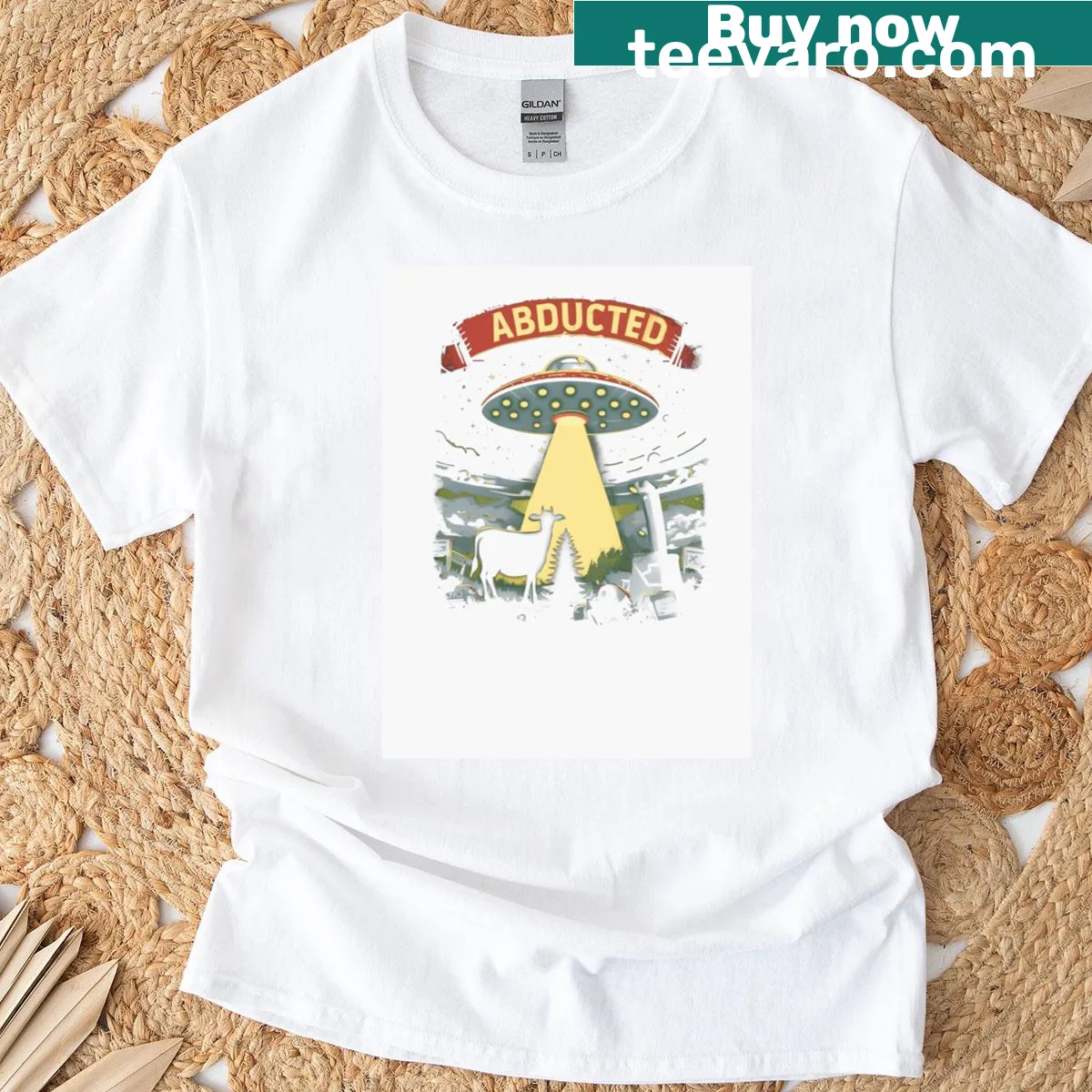 Retro UFO alien abduction design T-shirt — on a men's t-shirt