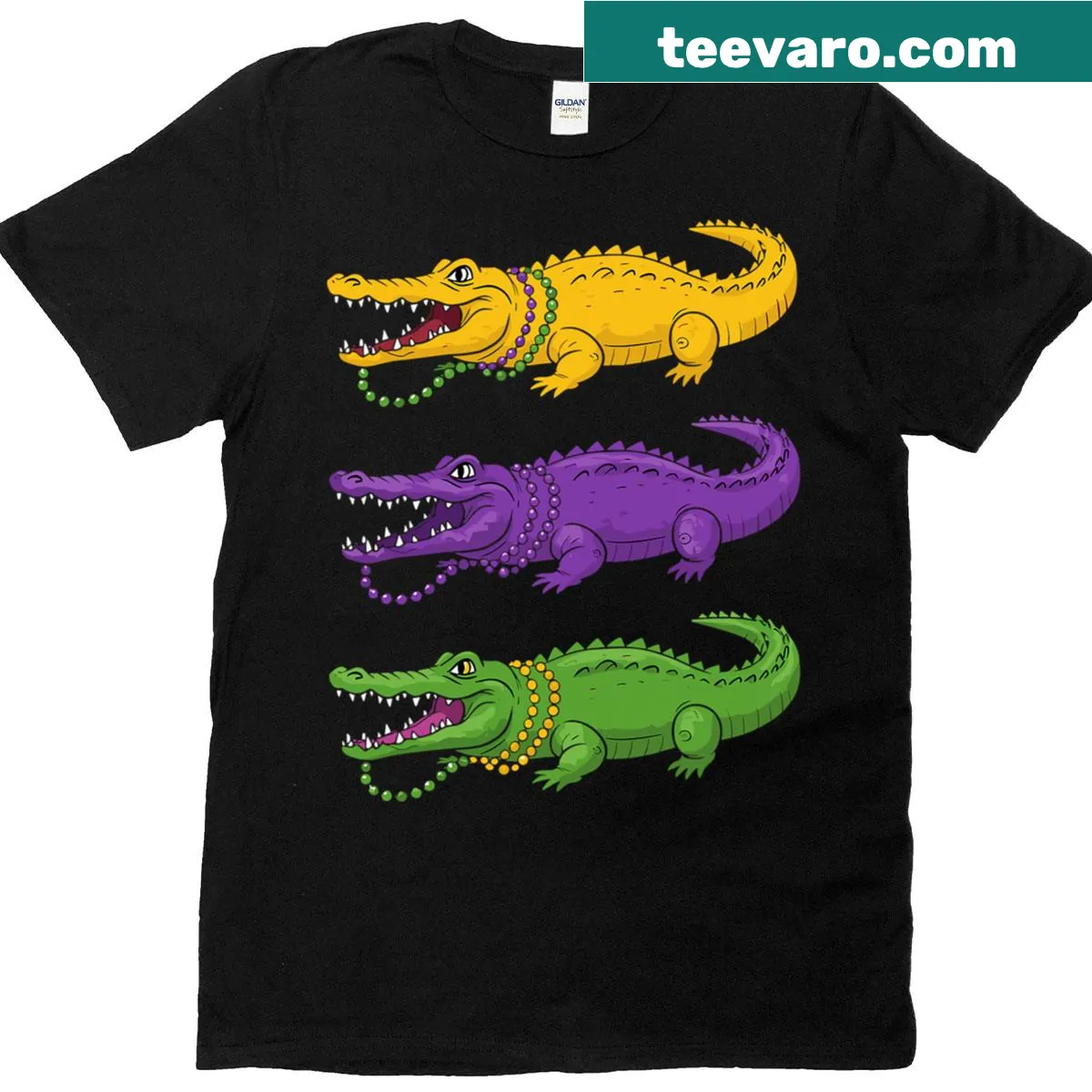 Mardi Gras themed T-shirt featuring alligators and crocodiles — on a men's t-shirt