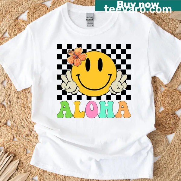 Cartoon happy face design on a Hawaiian t-shirt