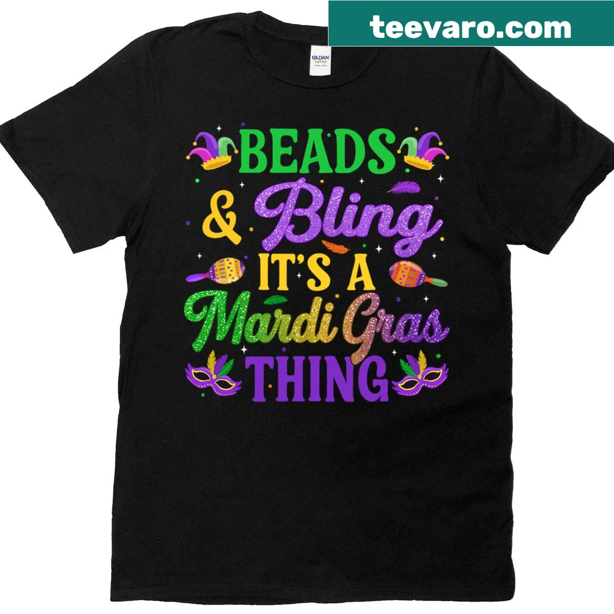 Mardi Gras themed T-shirt with beads and bling — on a men's t-shirt
