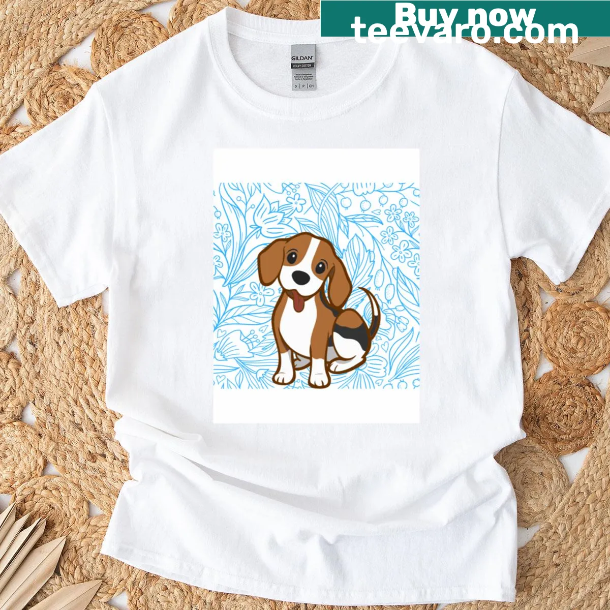 Illustrated t-shirt featuring a cute beagle pup — on a men's t-shirt