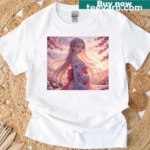 Anime girl design with cherry blossoms on a T-shirt