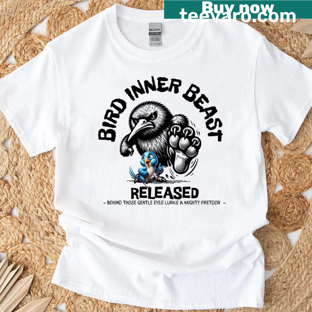 Illustration of a gentle bird representing inner strength on a T-shirt — on a men's t-shirt