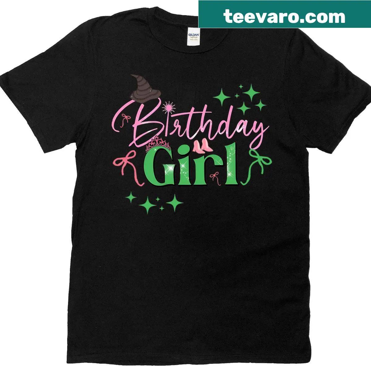 Cute birthday t-shirt featuring a pink and green witch illustration — on a men's t-shirt