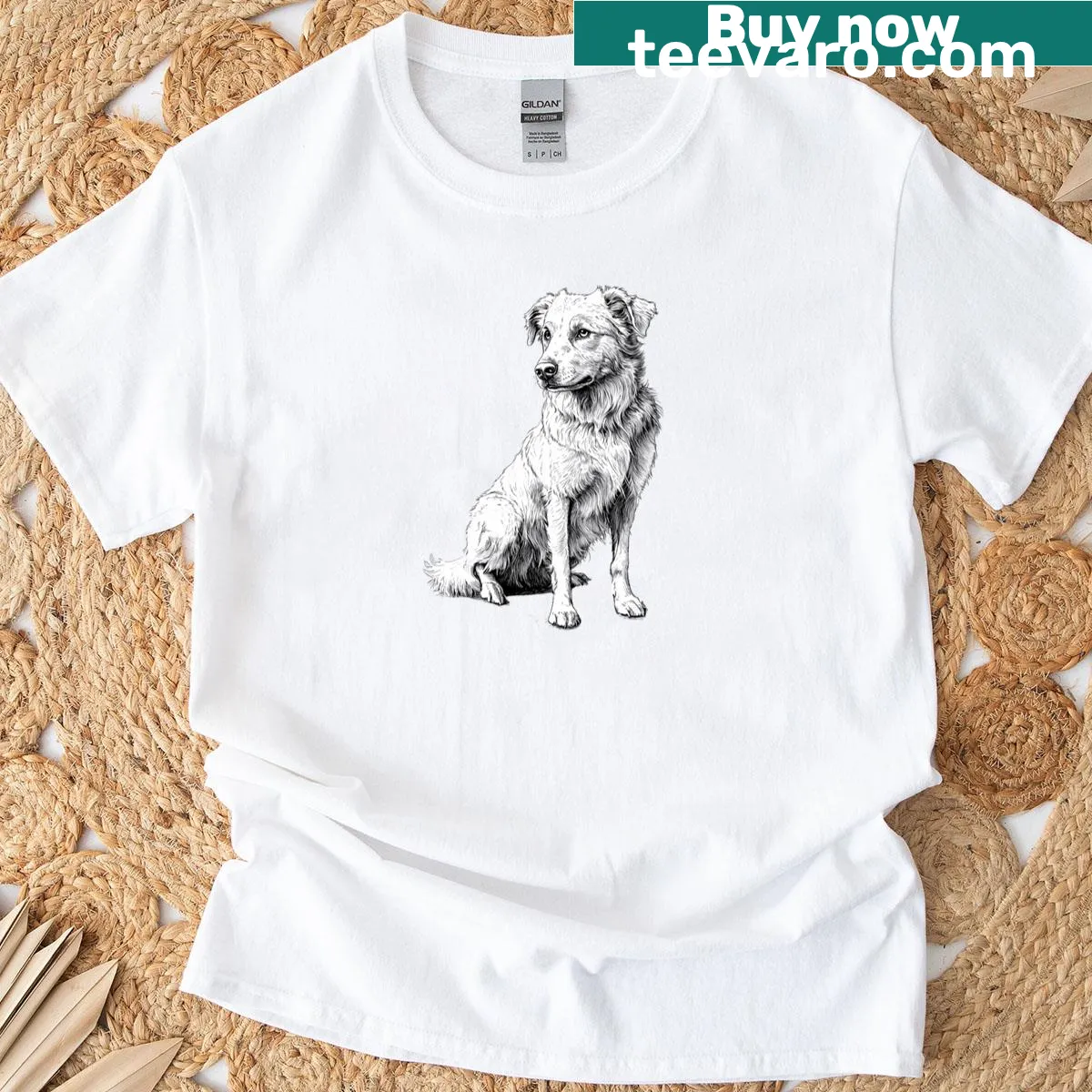 Black and white illustration of an Australian Shepherd on a t-shirt — on a men's t-shirt