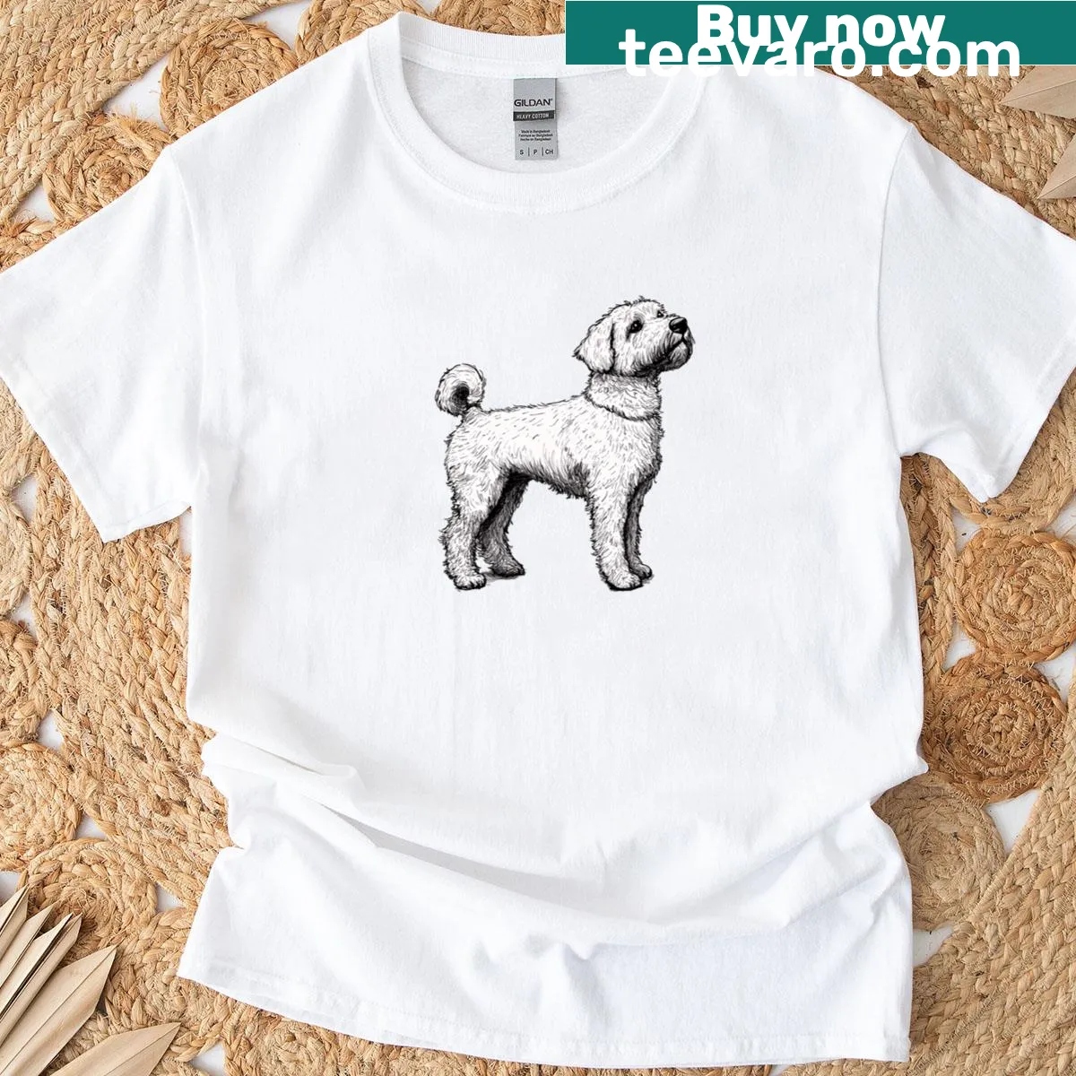 Illustrative Barbet dog T-shirt in black and white — on a men's t-shirt