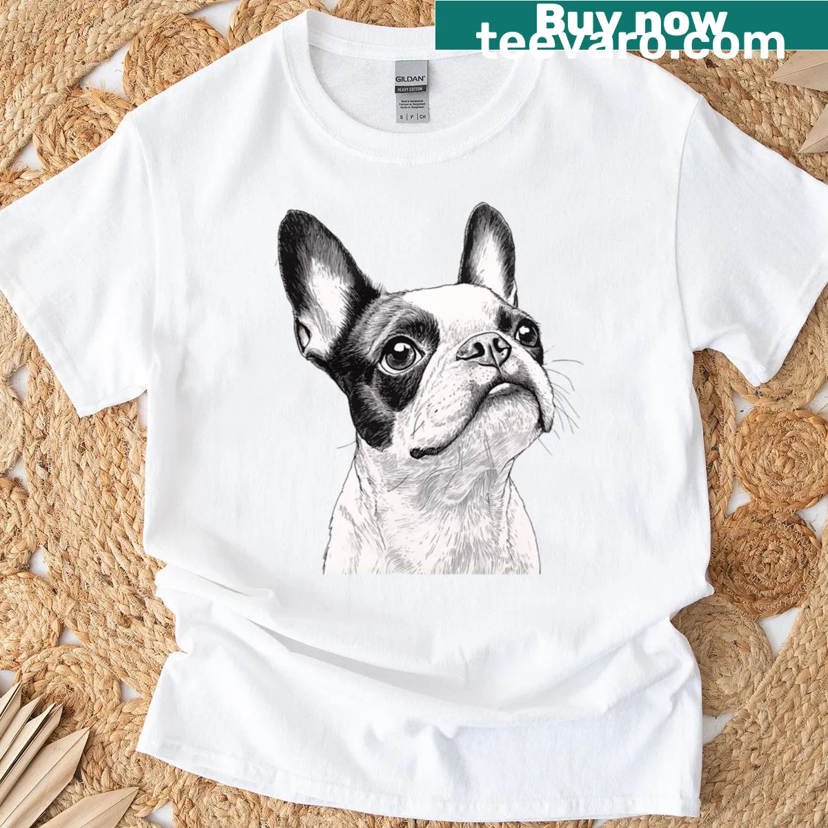 Drawing portrait of a Boston Terrier on a T-shirt — on a men's t-shirt