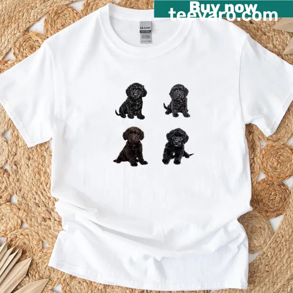 Illustrative t-shirt featuring playful black Labradoodle puppies