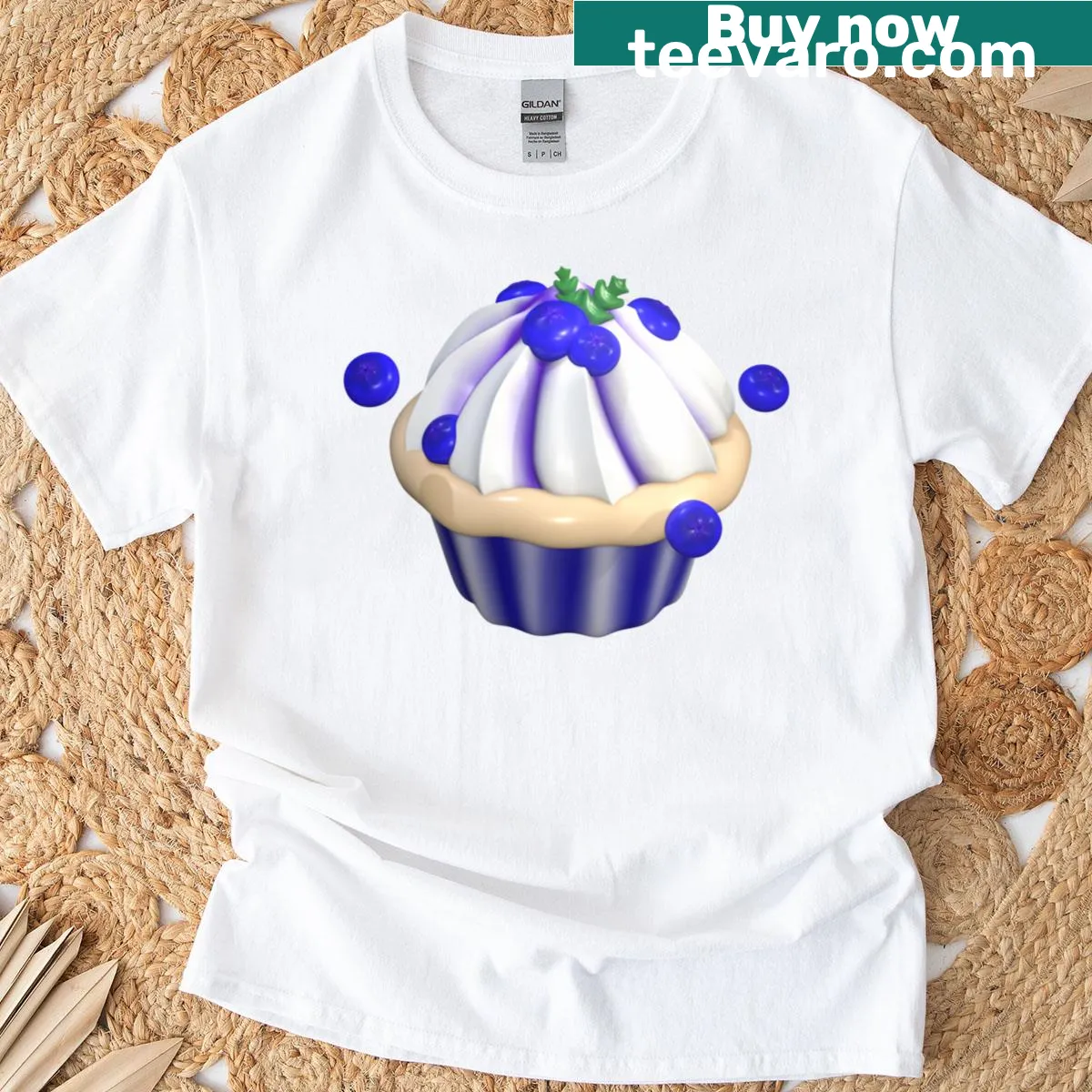Illustrated blueberry cupcake graphic on a t-shirt — on a men's t-shirt