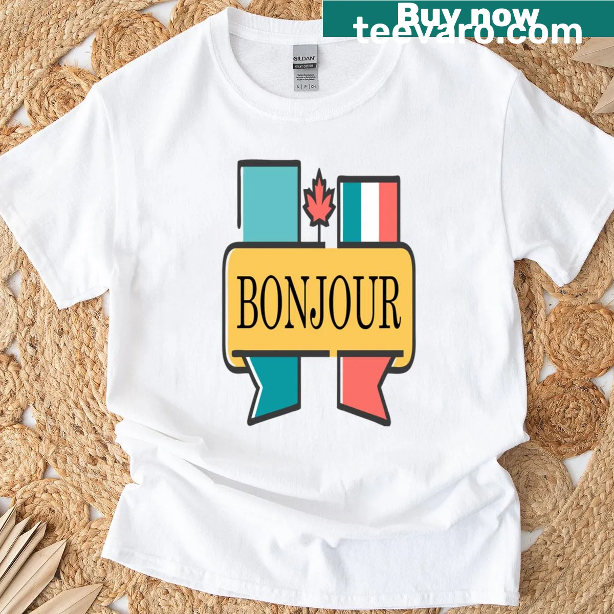 Bonjour Hello T-shirt celebrating Canadian pride — on a men's t-shirt