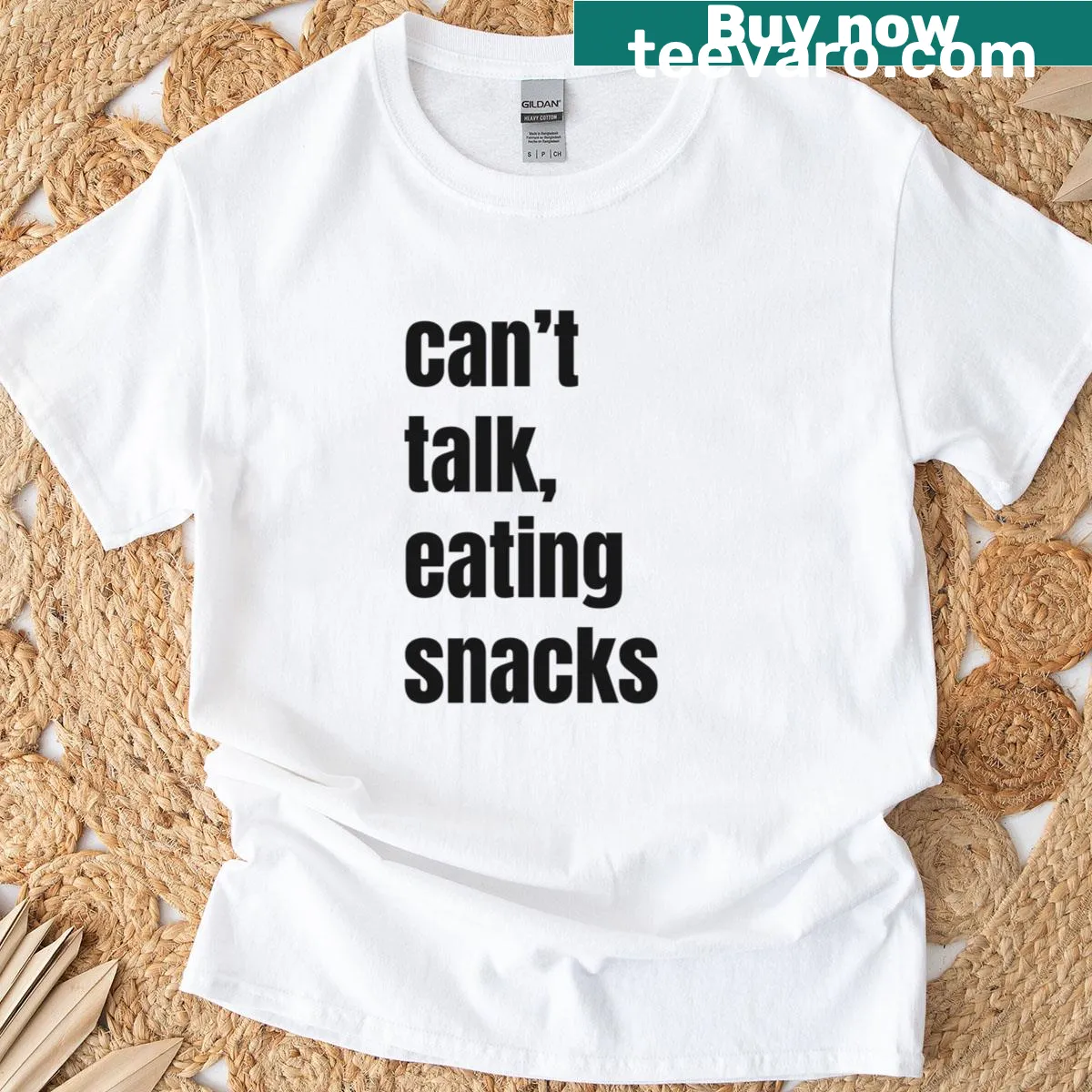Funny snack lover T-shirt with 'Can't Talk Eating Snacks' text — on a men's t-shirt