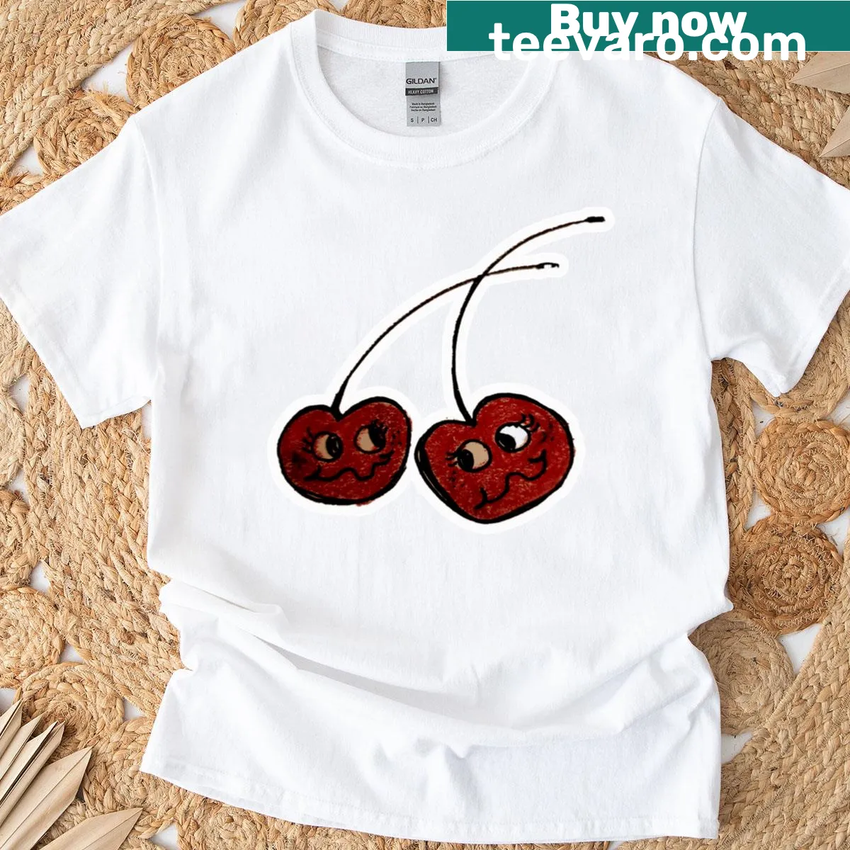 Adorable cartoon cherry drawing T-shirt for casual wear — on a men's t-shirt
