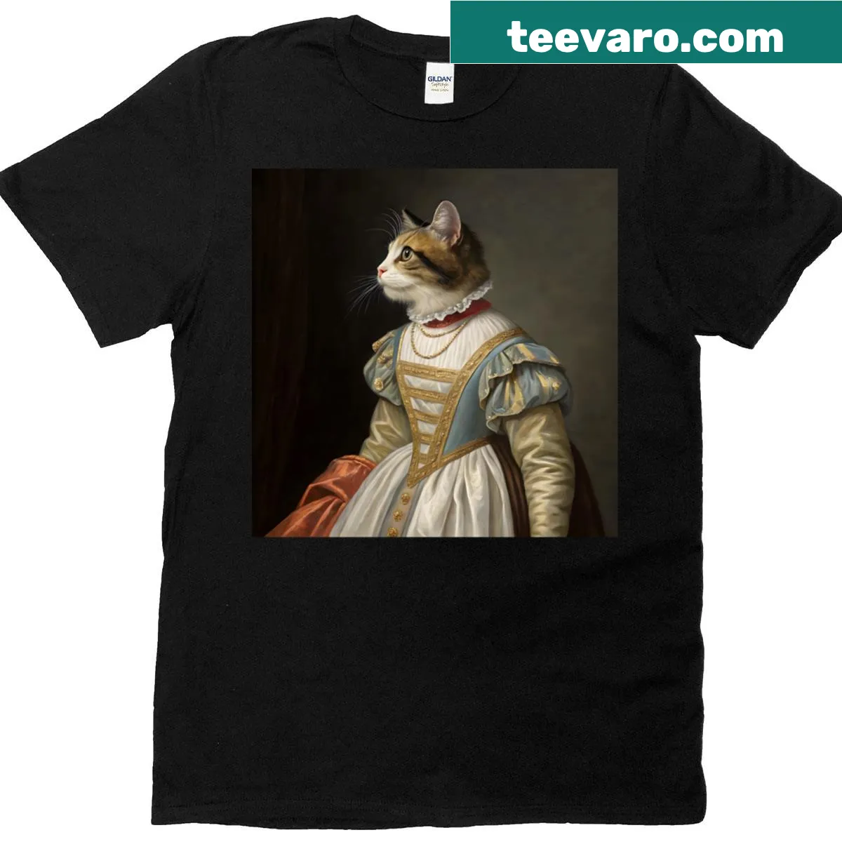 Elegant cat in Renaissance dress illustrated on a T-shirt — on a men's t-shirt