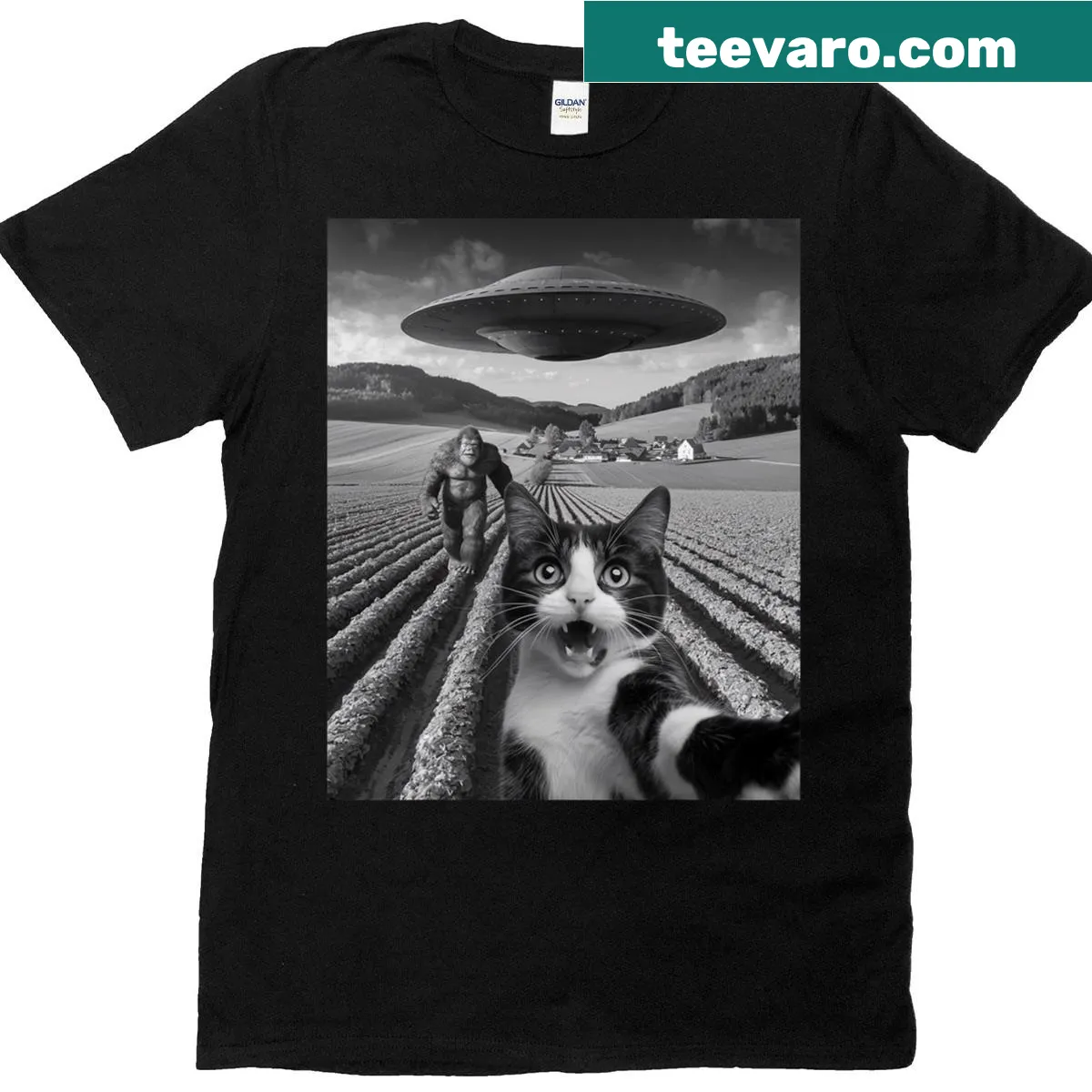 Funny T-shirt featuring a cat selfie with an alien UFO — on a men's t-shirt