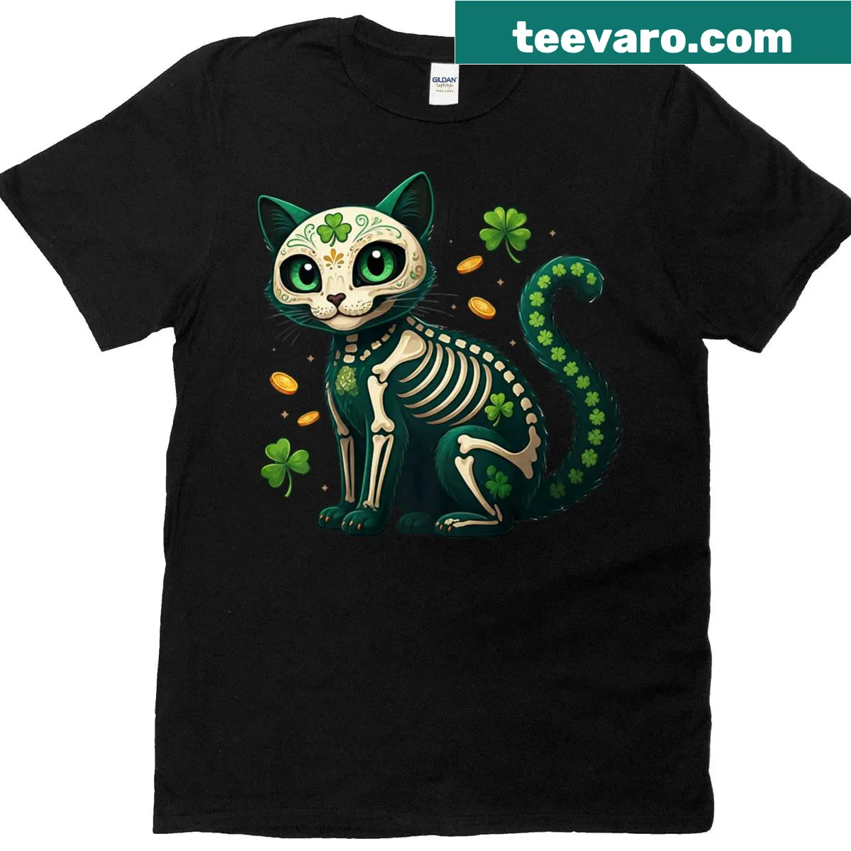 T-shirt with a cat sugar skull design for St. Patrick's Day — on a men's t-shirt