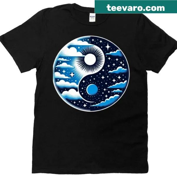 Illustrated yin-yang sun and moon design on a T-shirt