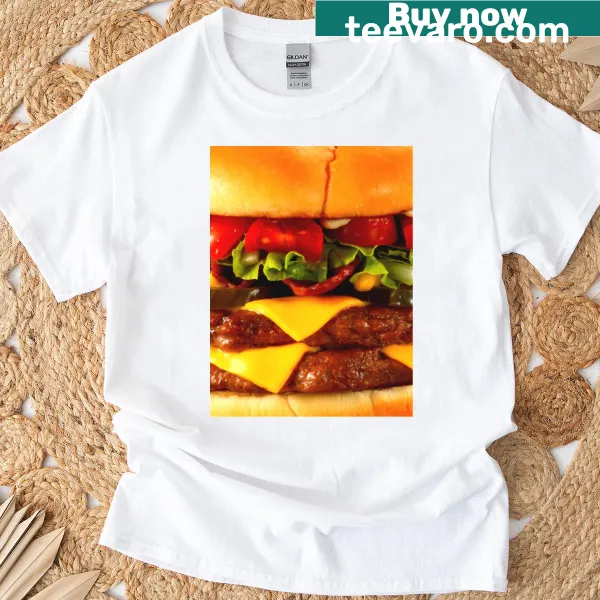 Illustrated cheeseburger graphic on a playful T-shirt