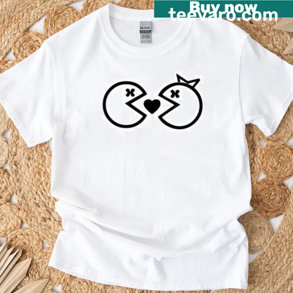 Playful typography graphic celebrating love on couple's T-shirt