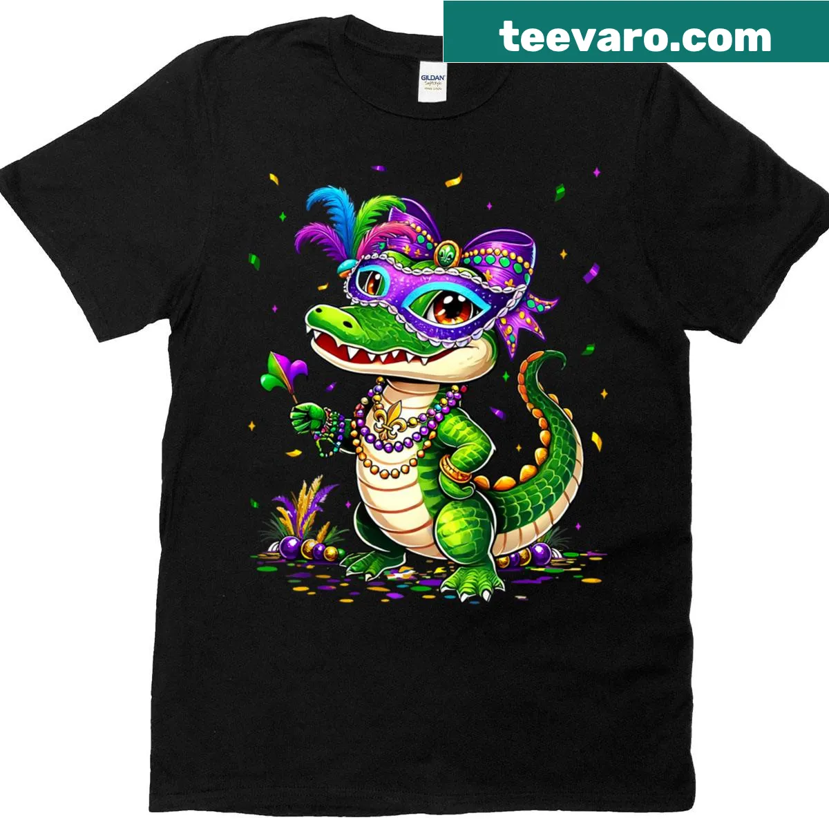 Cute Mardigator graphic for kids' Mardi Gras t-shirt — on a men's t-shirt