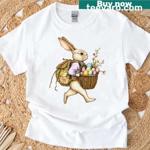 Vintage illustration of an Easter bunny with backpack and basket