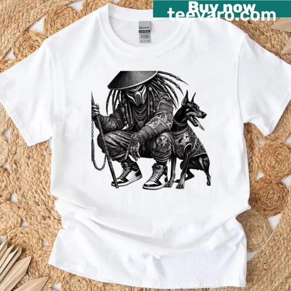 T-shirt featuring a cyber samurai with a loyal Doberman guardian.