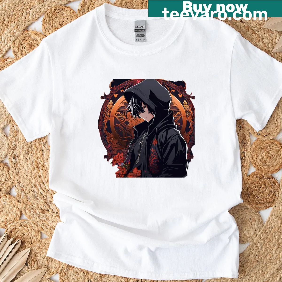 T-shirt with a minimalist silhouette of a hooded anime character and floral mandala. — on a men's t-shirt
