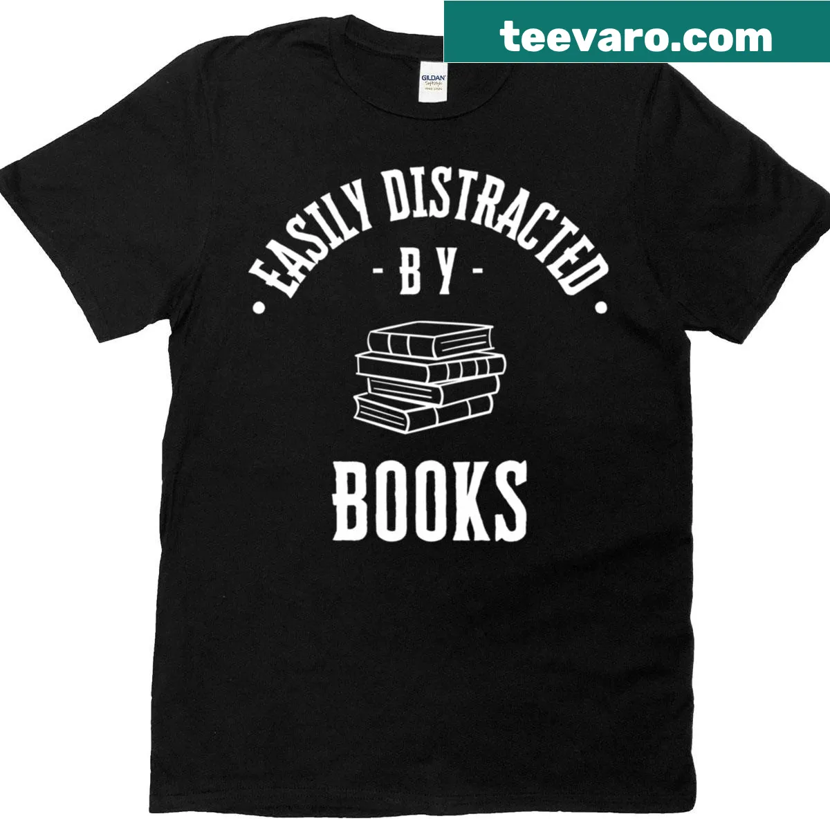 T-shirt featuring a playful graphic saying "Easily Distracted By Books" — on a men's t-shirt