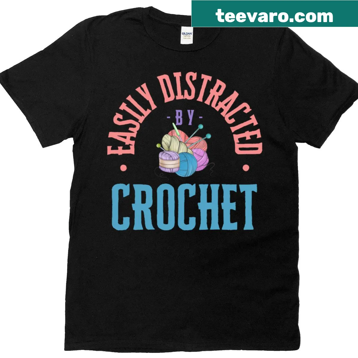 Humorous T-shirt saying "Easily Distracted By Crochet" — on a men's t-shirt