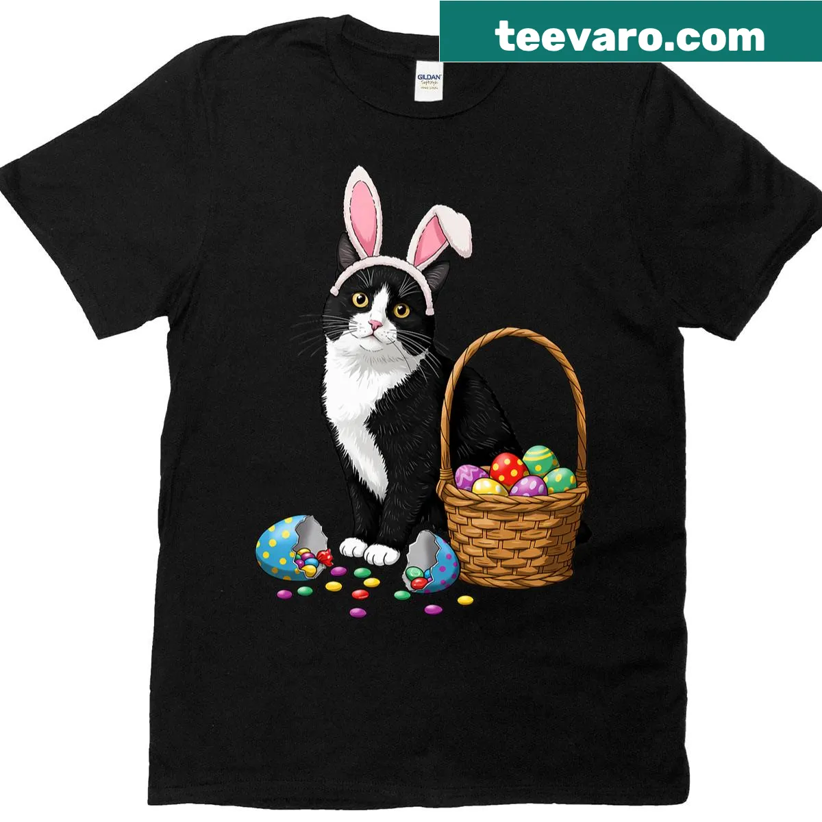 Funny cat with bunny ears and eggs graphic t-shirt — on a men's t-shirt