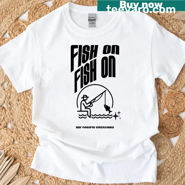 Lively t-shirt with the phrase 'Fish On' celebrating the joy of fishing